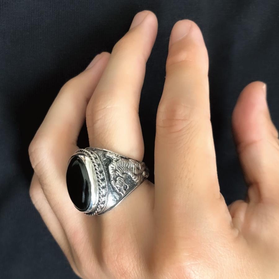 リング シルバー925 オニキス 虎 トラ タイガー 動物 アニマル 幅広