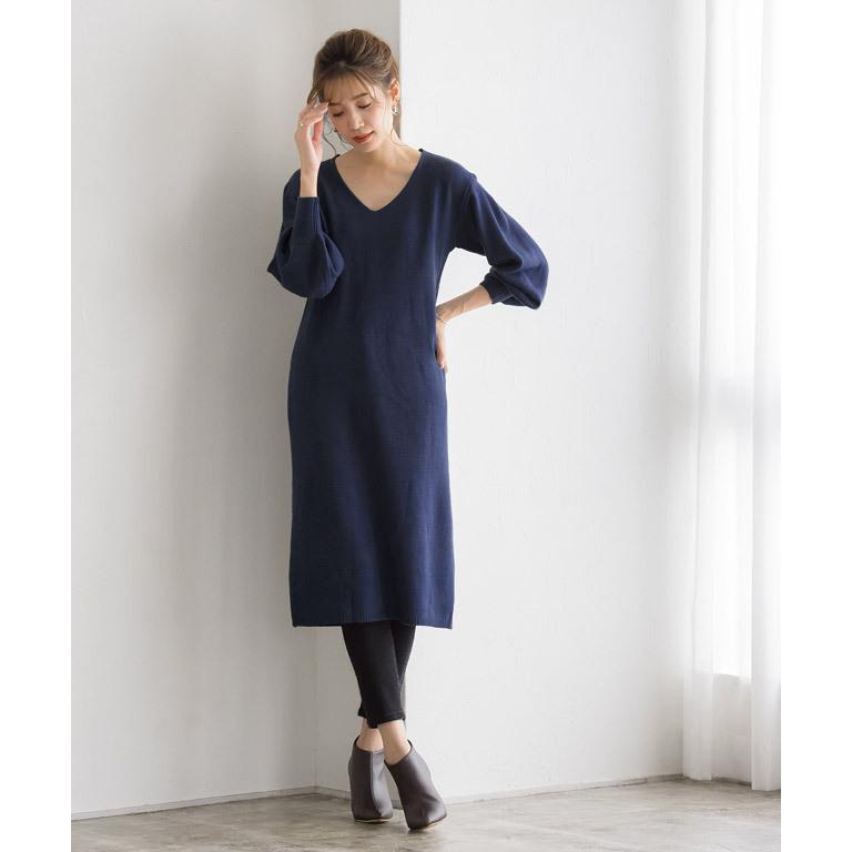 ワンピース ニットワンピ バルーンスリーブ Vネック ハイネック 2  