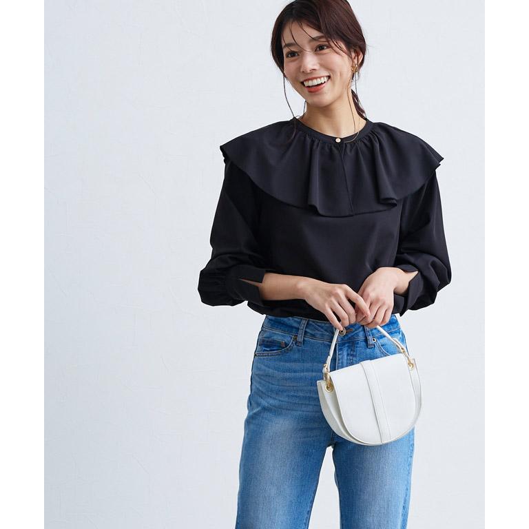 【美品】【M-premier BLACK】 フリル袖ブラウス・ネイビー・34 美品】【M-premier BLACK】 フリル袖 ブラウス・ネイビー34