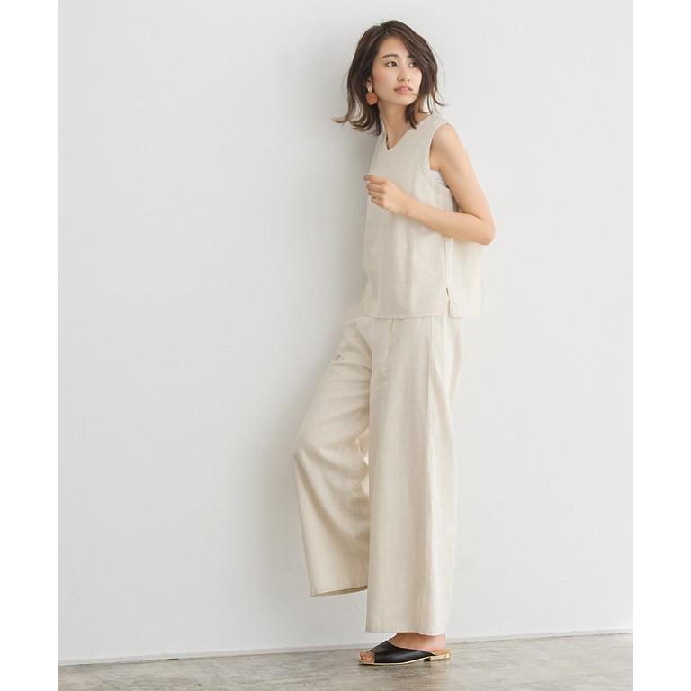 上下セットアップ リネン ノースリーブ ワイドパンツ 麻混 レディース 