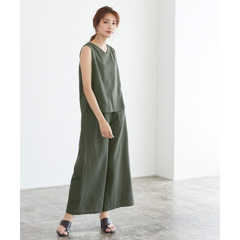 上下セットアップ リネン ノースリーブ ワイドパンツ 麻混 レディース 