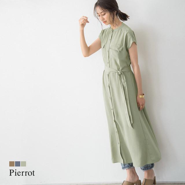 ワンピース フレンチスリーブ シャツ ロング スラブ生地 リボン ベージュ 体型カバー 夏 レディース｜pierrot-webshop