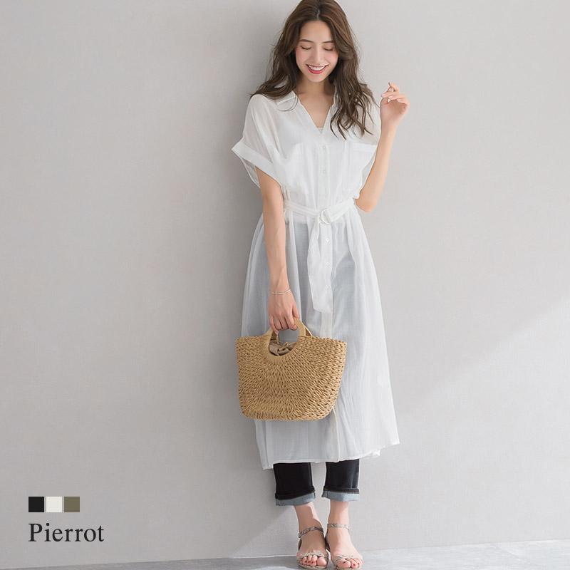 シャツワンピース フレンチスリーブ 半袖 スキッパー レディース シースルー シアー 夏 MD｜pierrot-webshop