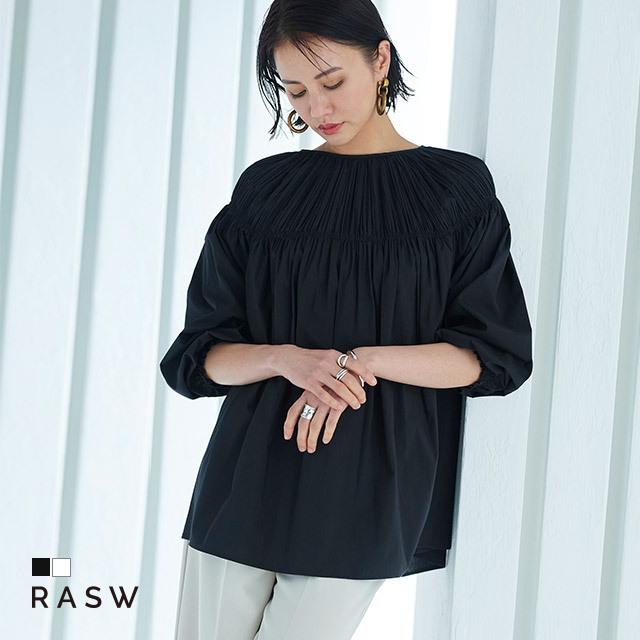 トップス ブラウス ボリューム ギャザー 綿混 柔らかい シャーリング 上品 オフィス 春 ラス RASW レディース｜pierrot-webshop