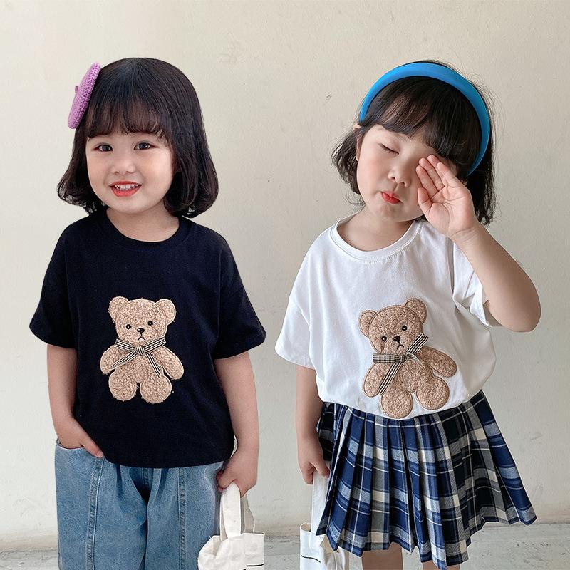 韓国の子供服 クマの刺繍 女の子のtシャツ ラウンドネックの綿の子供用トップス ルーズなtシャツ 韓国版の子供服 ベビー キッズ マタニティ