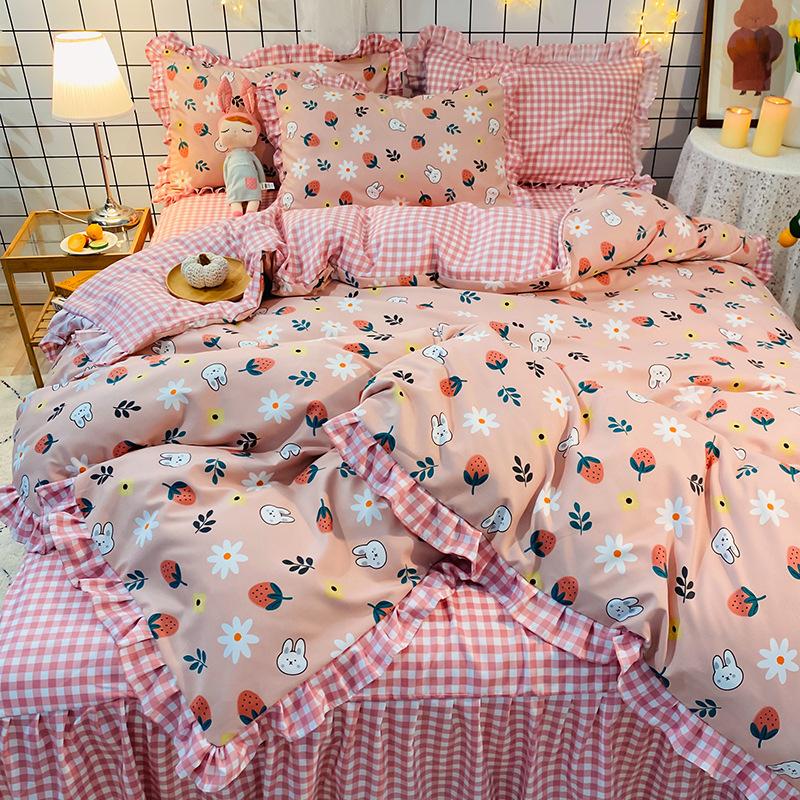 プリンセススタイルの起毛4ピースベッドスカートの韓国版 蓮の葉のレースの厚い肌に優しい綿のシングルとダブルの羽毛布団カバーシート 激安格安割引情報満載