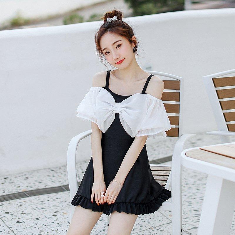 日本最大のブランド 女性ボウノット水着 韓国風 無地 オフショルダー半袖 スカート スモールフレッシュ水着 レディース水着