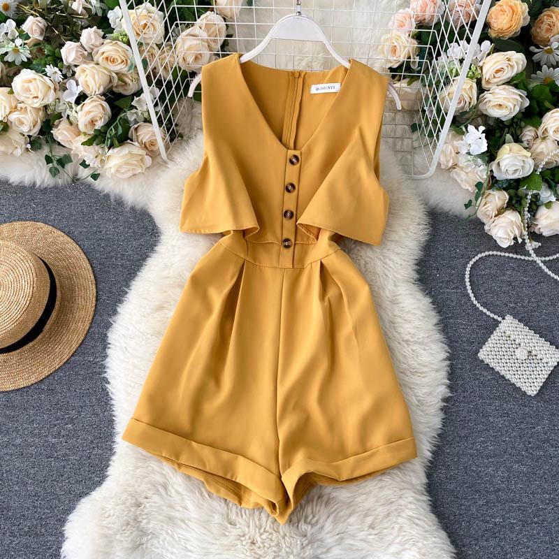 新しいレトロな無地のvネックフェイクツーピースノースリーブベスト ウエストと薄いワイド