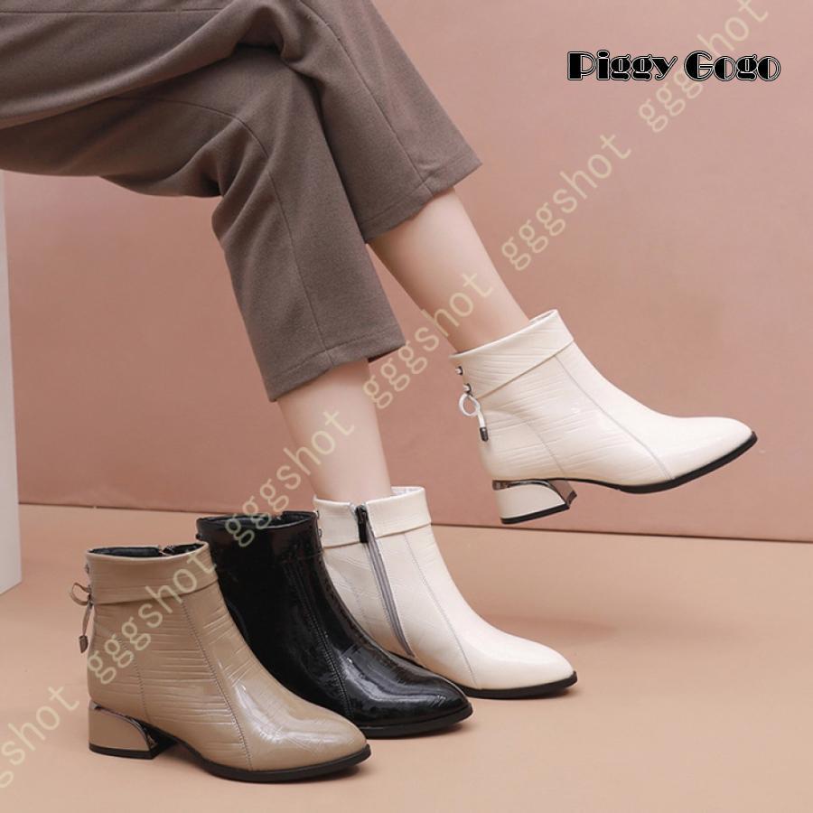 エナメル ショートブーツ レディース ブーツ 本革 太ヒール 4cm