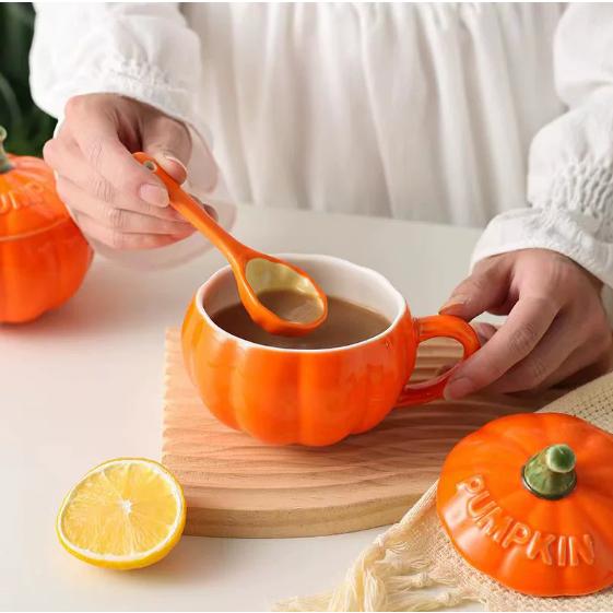 カラフルな天然発色鉱石製マグカップ かぼちゃ 蓋付き ふた付き