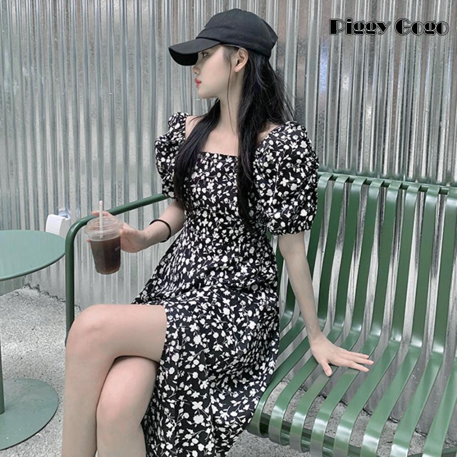 小花柄 ロングワンピース スクエアネック : Piggy Gogo - 通販