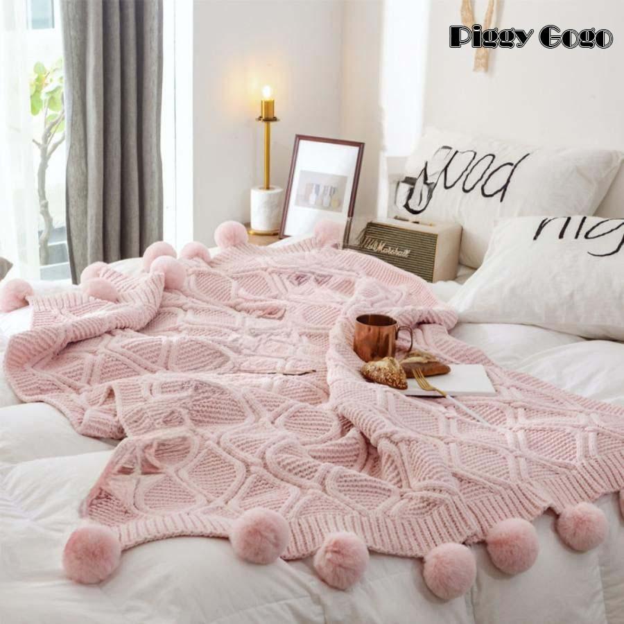 掛け毛布 北欧風 ポンポン付き ブランケット ピンク グレー ニット