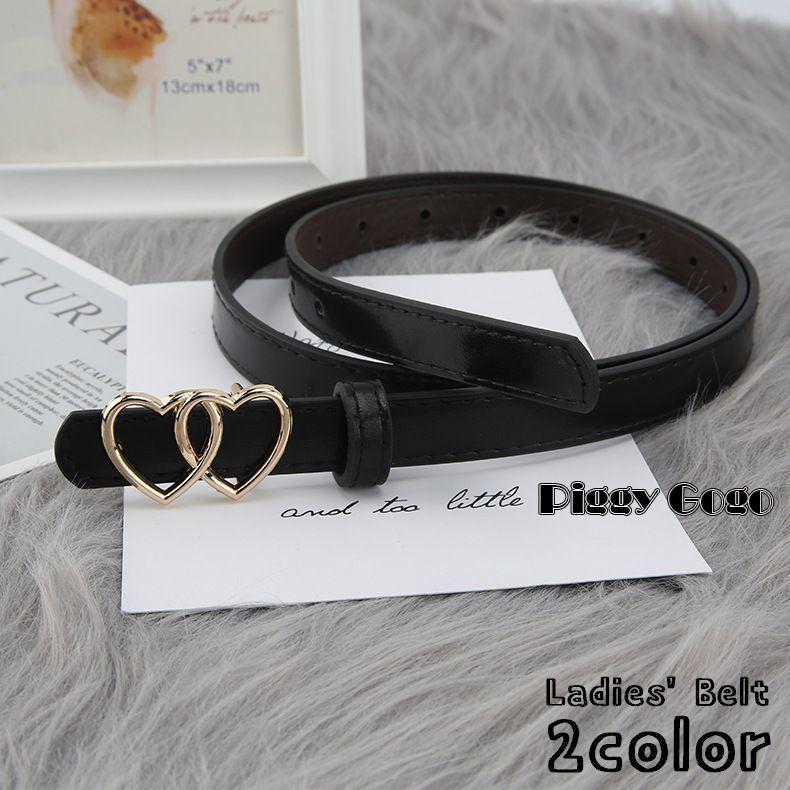 ベルト PUレザー レディース バックル ハート型 ダブル 細め 大人