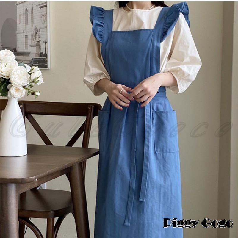 エプロン ストライプ柄 H型 フリル バイカラー レディース