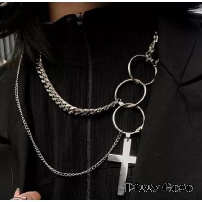 クロス 3連チェーン 3連リング ネックレス 十字架 韓国 オルチャン