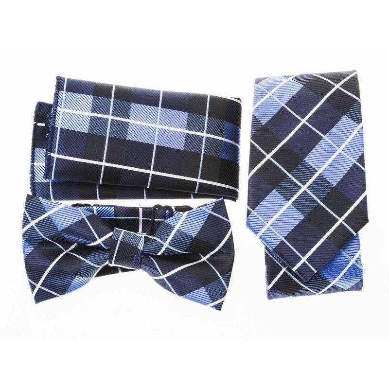 メンズファッション ビジネス カジュアル お洒落 チェック柄 ネクタイ 蝶ネクタイ ポケットチーフ 青 新作モデル セット