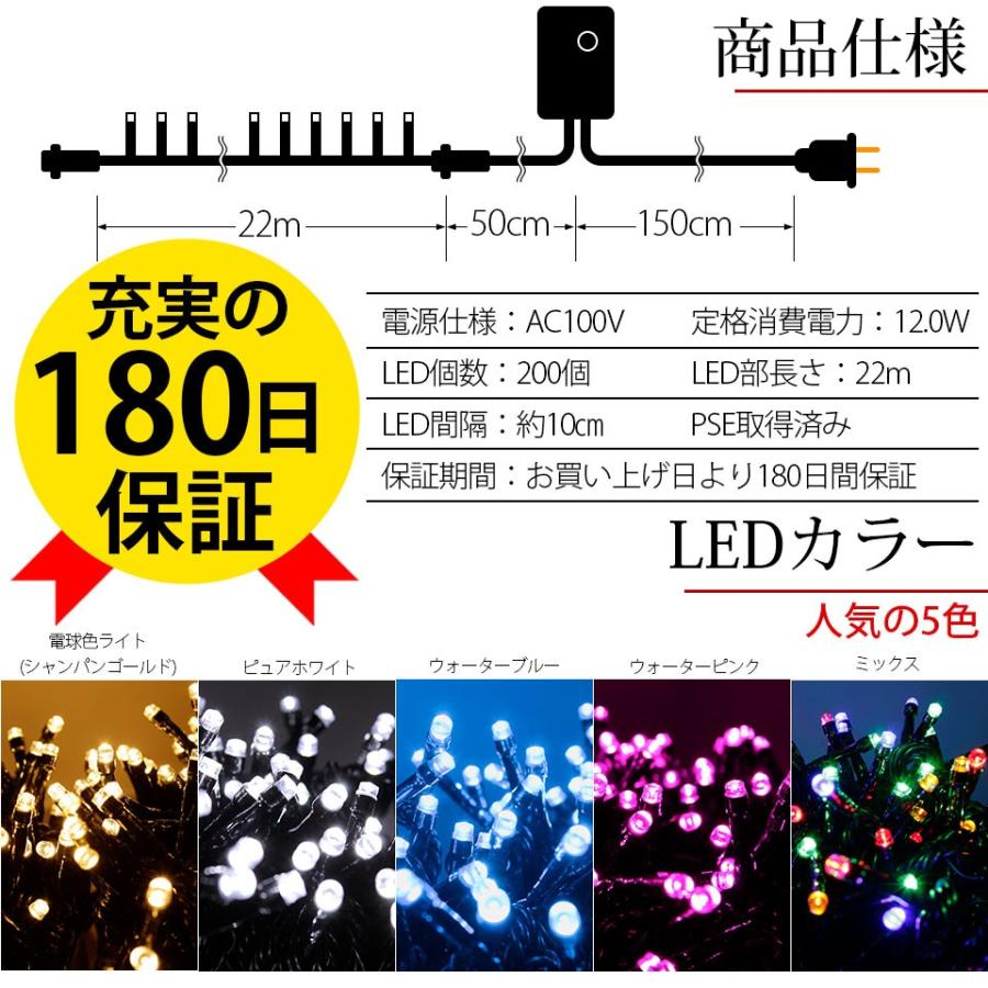 LED イルミネーションライト クリスマス ツリー 飾り 200球 黒 22m
