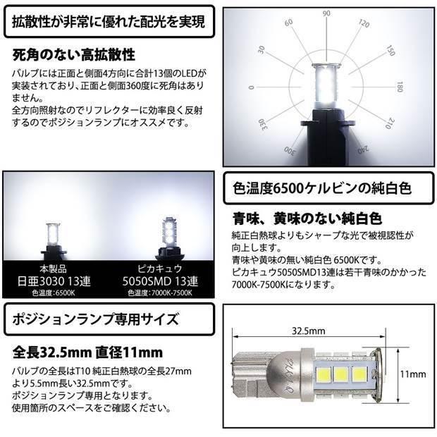 ニッサン エルグランド (E52系 前期) 対応 LED ポジションランプ T10 日亜3030 SMD13連 250lm ホワイト 2個 6500K 11-H-7｜pikaqac2｜03