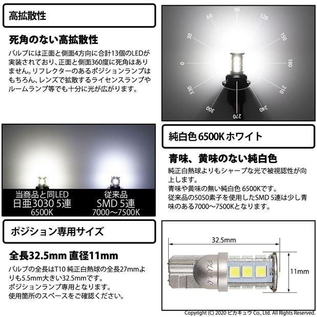 ホンダ ステップワゴン (RG 前期) 対応 LED ポジションランプ T10 日亜3030 SMD13連 250lm ホワイト 2個 6500K 11-H-7｜pikaqac｜03