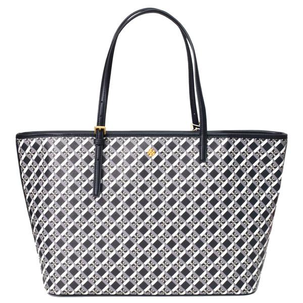 トリーバーチ バッグ TORY BURCH レザー ロゴ トップ ジップ トートバッグ ブラックゲオロゴオールオーバー 143364 TORY BURCH（トリーバーチ） バッグ レザー ロゴ トップ ジップ トート