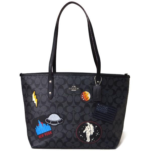 コーチ バッグ COACH メンズ シグネチャー コーティング レザー 宇宙 NASA モチーフ パッチワーク トート バッグ ブラック