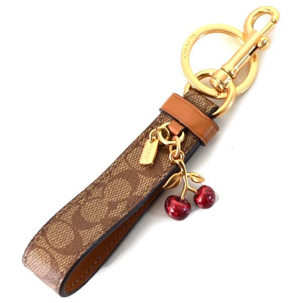 コーチ キーホルダー COACH コーティングキャンパス レザー シグネチャー さくらんぼ チェリーチャーム ループキーリング キーフォブ