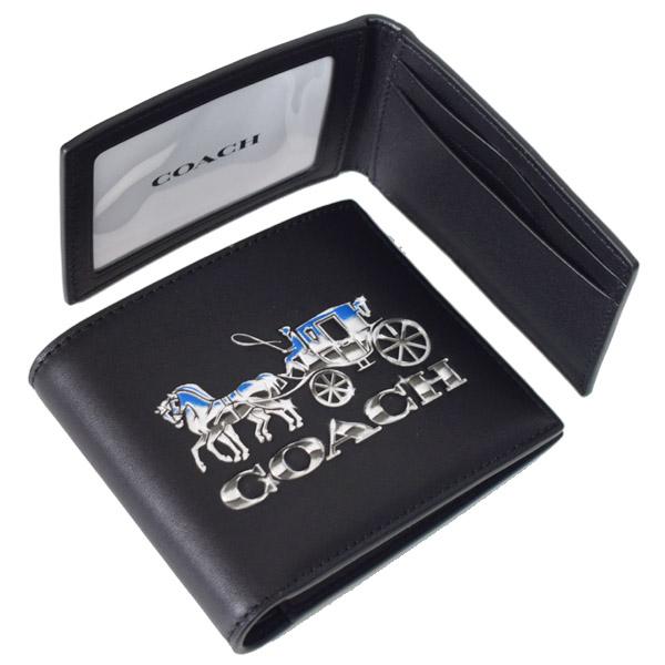 コーチ メンズ 財布 COACH レザー ホースアンドキャリッジ ギフト BOX 二つ折り財布 定期入れ キーホルダー 3点セット ブラック×ガンメタル C7018 COACH（コーチ） メンズ 財布 レザー ホースアンドキャリッジ ギフト