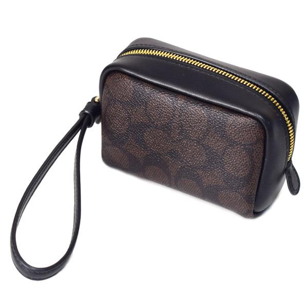 コーチ マルチポーチ COACH コーティングキャンバス レザー シグネチャー スクエア ポーチ ミニ ジップ リストレット 小物入れ ポーチ ウォルナット×ブラック CW907 COACH（コーチ） マルチポーチ コーティングキャンバス レザー