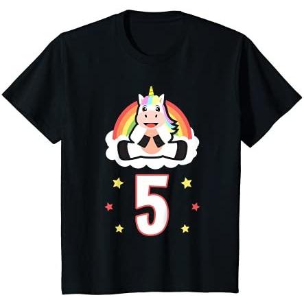 キッズ 五歳の誕生日の女の子ユニコーンパーティーシャツ Tシャツ ブラック 2 1年保証