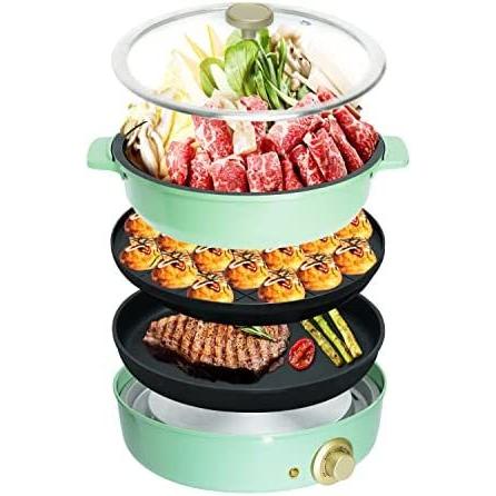 Solemoodコンパクトホットプレート プレート3種付き たこ焼き 平面 深鍋 おしゃれ かわいい 温度調節 丸型グリーン ブランド買うならブランド オフ