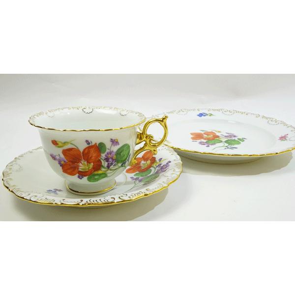 アウトレット)マイセン 2つ花 兼用カップソーサーとプレートのトリオ  