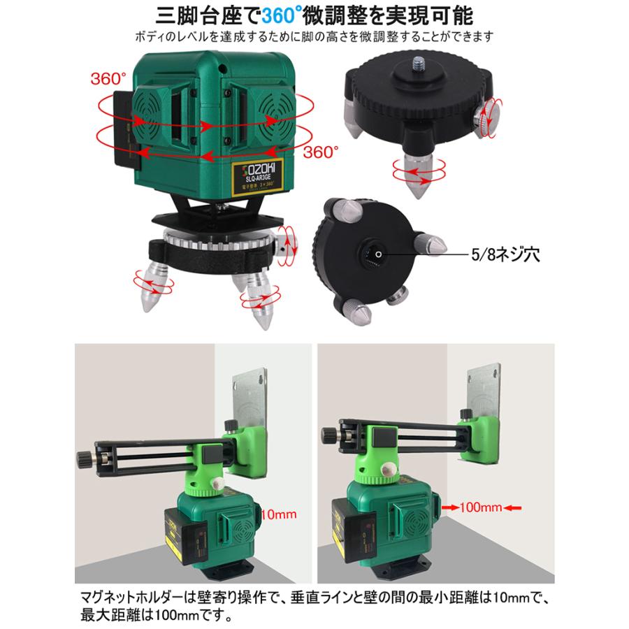 SOZOKI 360°フルライン電子整準グリーンレーザー墨出し器 SLQ-AR3GE【エレベーター三脚セット】明るさ調整機能 リモコン付 上部/底部水平ライン両用【1年保証】｜pingan｜09