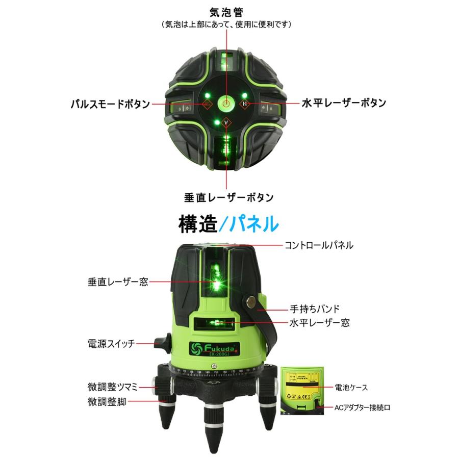 【1年間保証】FUKUDA|フクダ 3ライン グリーンレーザー墨出し器 EK-200GJ 2垂直・1水平 3ドット レーザー墨出し器/レーザーレベル/ 墨出器｜pingan｜06