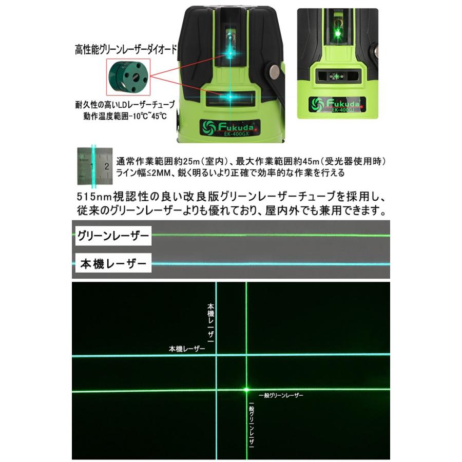 FUKUDA|フクダ 5ライン ダイレクトグリーンレーザー墨出し器 EK-400GX【1年間保証】リチウムイオンバッテリー*2本 4方向大矩ライン 4垂直・1水平 6ドット｜pingan｜02