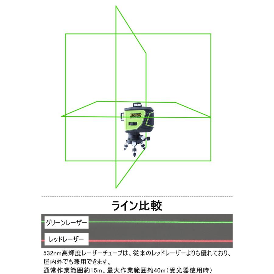 Fukuda 3D LASER 12ライン フルライングリーンレーザー墨出し器+受光器セット MW-93T-3GJ 360°垂直*2・360°水平*1 レーザー墨出し器 レーザーレベル 水平器｜pingan｜03