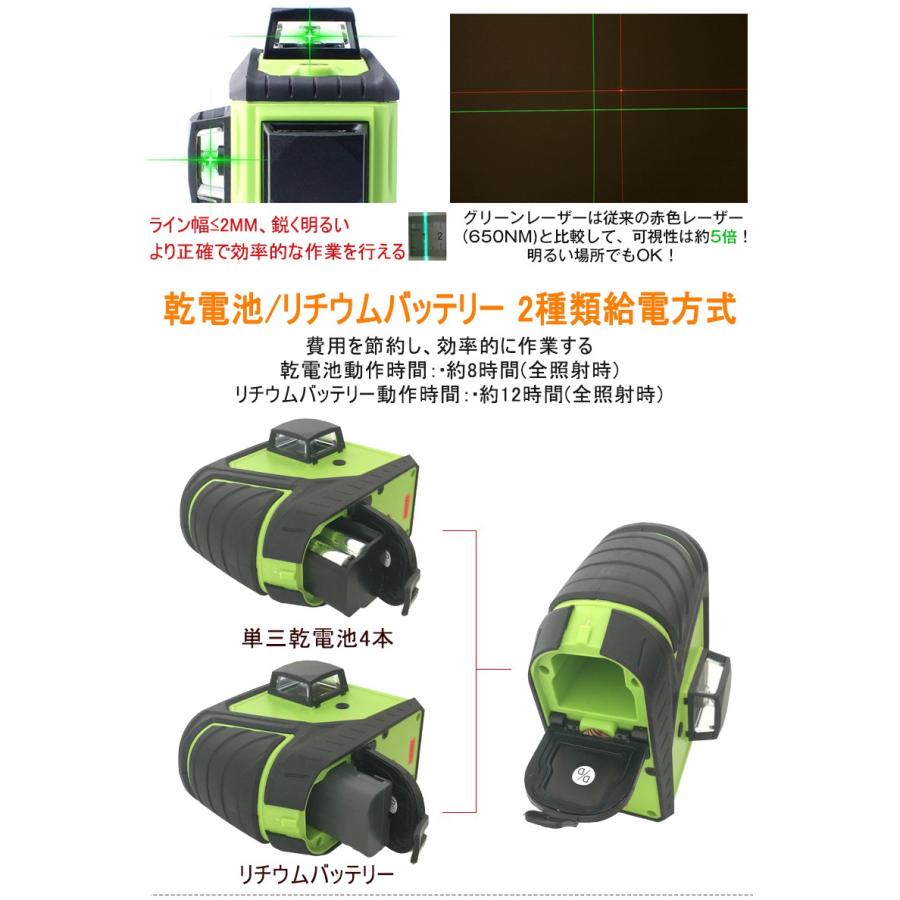 Fukuda 3D LASER 12ライン フルライングリーンレーザー墨出し器+受光器セット MW-93T-3GJ 360°垂直*2・360°水平*1 レーザー墨出し器 レーザーレベル 水平器｜pingan｜04