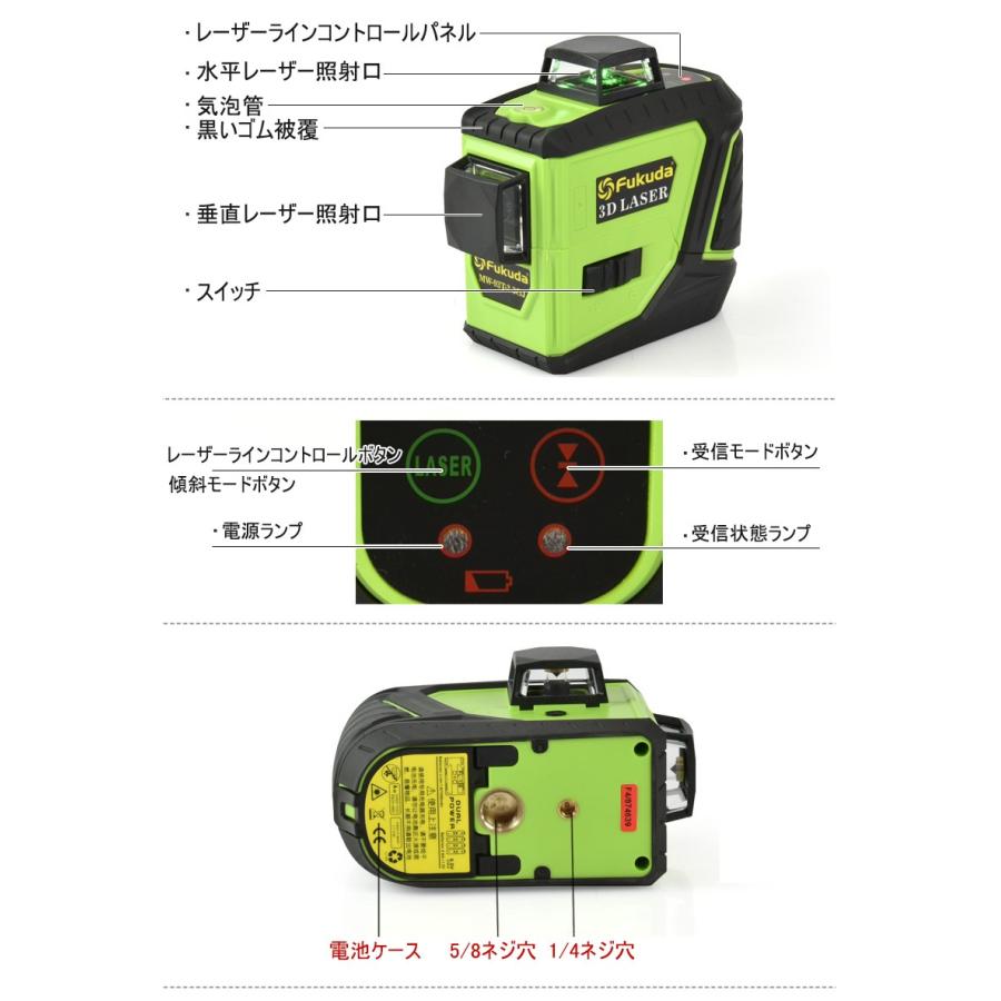 Fukuda 3D LASER 12ライン フルライングリーンレーザー墨出し器+受光器セット MW-93T-3GJ 360°垂直*2・360°水平*1 レーザー墨出し器 レーザーレベル 水平器｜pingan｜10