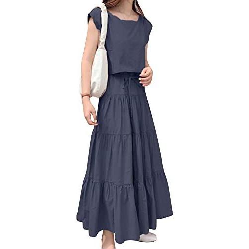 ニーマンバイ 夏 ティアード ロングワンピース 2way セットアップ風 フレンチスリーブ はんそで 半袖 A ラ ワンピ ドレス いつでも送料無料 無地