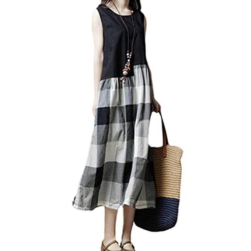 913円 最大76 オフ Newne ニューネ ワンピース ノースリーブ ギンガム チェック ドッキング ナチュラル バイカラー Aライン ミモレ マ