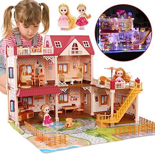 ドールハウス CUTE STONE 5 Rooms Huge Dollhouse with 2 Dolls and Colorful Light