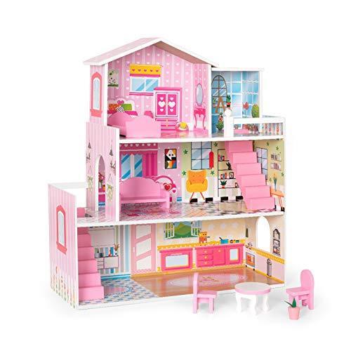 ROBUD Wooden Dollhouse with Furniture， Doll House Playset for Kids Girls， G
