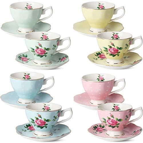 新品 送料無料BTaT- Floral Tea Cups and Saucers, Set of (8 oz) Multi-color with Gold Tr