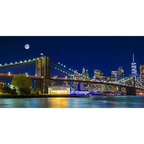 最前線の Melis ニューヨークの素晴らしい クリアネイビーナイトスカイ キャンバス Nyc フルムーンとスカイライン Night By ブルックリン橋 ポスター Isamen Vn