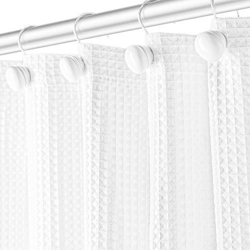 ワッフルホワイトファブリックシャワーカーテン - PEVAライナー付き ホテル品質 防水装飾カーテン バスルーム用 錆びない金属グロメット 72 x