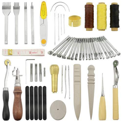 Tovot 59ピース レザークラフトツールキット レザー裁縫ハンドツールセット ステッチンググルーバー プロングパンチ レザーワーキングサドル作成ス 実物