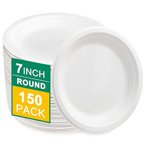 SUT 150-パック / 7-インチ) 100% コンポスト可能 使い捨てラウンドバガス紙皿 - 生分解性サトウキビ繊維 - 強力で頑丈な剛性デ