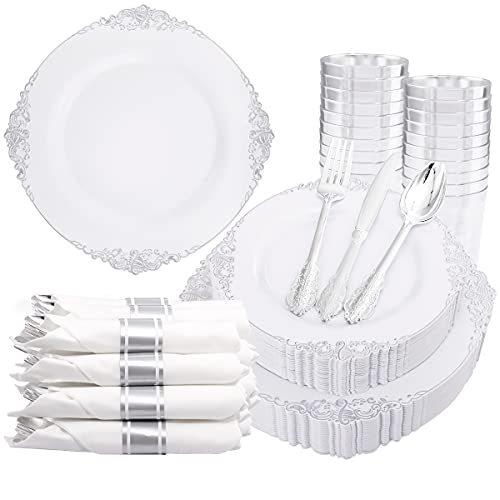Liacere 350PCS Silver Plastic Plates & Pre Rolled Napkins for 50 Guests， 10