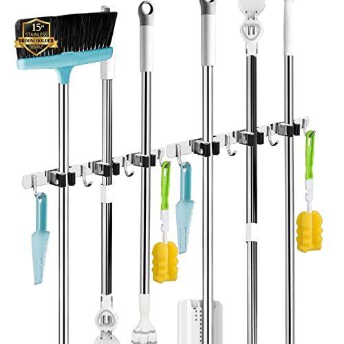 2 Pack 3 Racks and 4 Hooks Broom and Mop Holder Wall Mounted Garage Organiz
