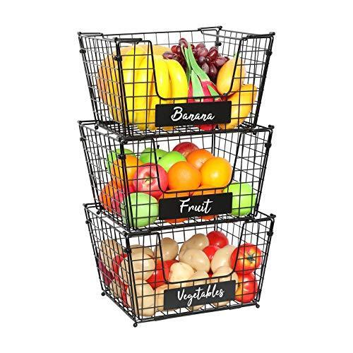 X-cosrack 3 Tier Foldable Wire Basket Stackable Fruit Vegetable Storage Bas
