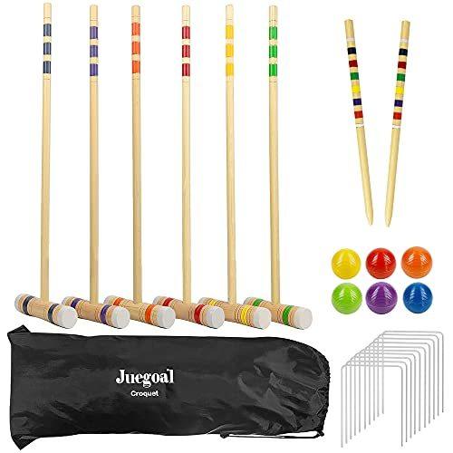 Juegoal 6人プレーヤー デラックスクロケットセット 木製マレット付き 色付きボール ヤードゲーム 丈夫なバッグ付き 大人と子供用 芝生 裏庭